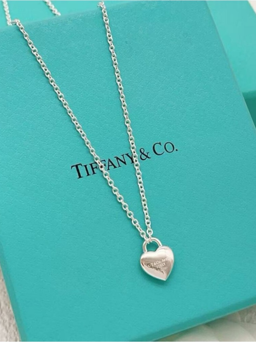 Tiffany & Co. Silver Heart Padlock Necklace - Turquoise Box